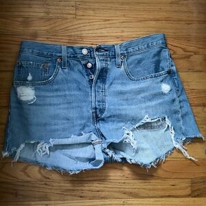 Levi's 501 Blue Distressed Jean Shorts Frayed Hem